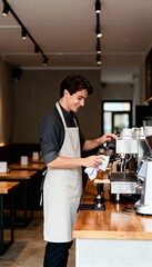 Barista cleaning espresso machine in a modern cafe