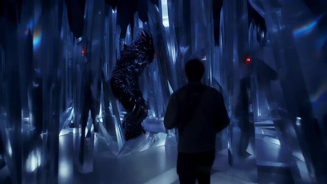 Alien Encounter: A figure ventures into a mysterious ice cavern, encountering an enigmatic alien being amidst the mesmerizing icy formations, creating an atmosphere of suspense.