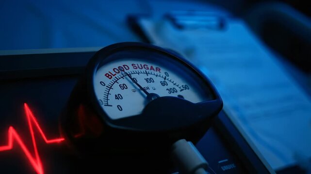 Glucometer shows blood sugar reading for diabetes test. Device measures glucose level with heartbeat monitor. Diabetes glucometer displays blood sugar. Medical testing for glucose monitoring.