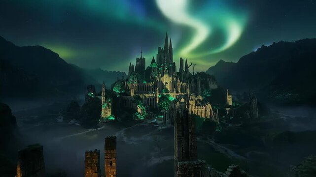 Majestic Castle Under the Aurora: A stunning medieval castle, silhouetted against the backdrop of a vibrant aurora borealis, evoking a sense of wonder and enchantment.