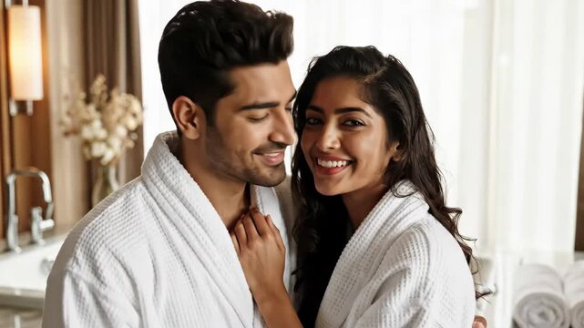 happy indian couple in white bathrobes hugging in luxury bathroom. romantic spa day and wellness relaxation. beauty care, honeymoon vacation, lifestyle.