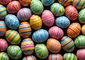 Colorful easter eggs background with striped and patterned designs