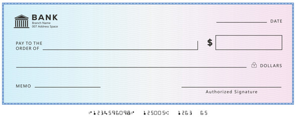 Bank check, vector blank money cheque, checkbook template with guilloche pattern and fields. Currency payment coupon, money check background © bibin