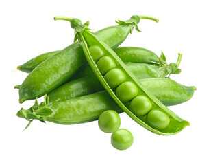 Fresh, bright green peas spilling from pods, some opened to reveal round seeds