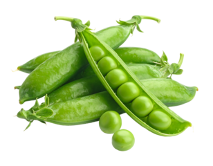 Fresh, bright green peas spilling from pods, some opened to reveal round seeds