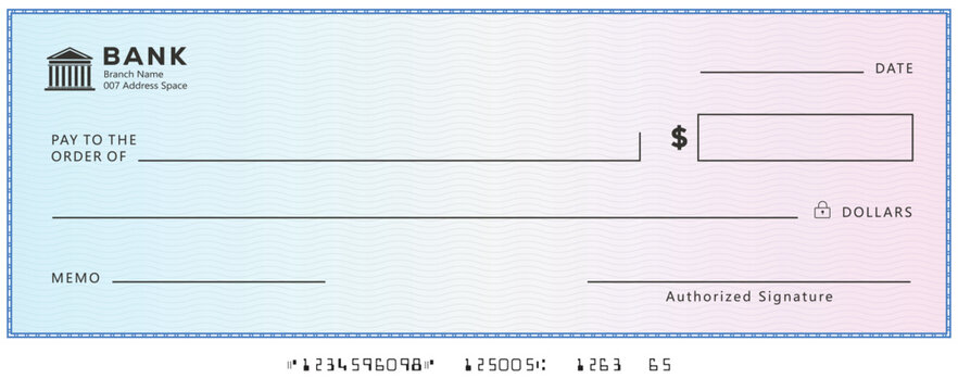 Bank check, vector blank money cheque, checkbook template with guilloche pattern and fields. Currency payment coupon, money check background