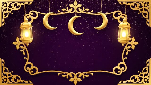 Golden Crescent Moon Frame with Lanterns.