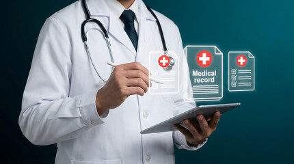 Doctor using a digital tablet for accessing patient medical records with futuristic displa