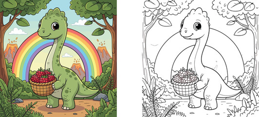 Cute cartoon T-Rex dinosaur artist painting colorful flowers on a canvas. Happy green dino wearing an apron holding a paintbrush in an art studio illustration for kids. © MstSangita