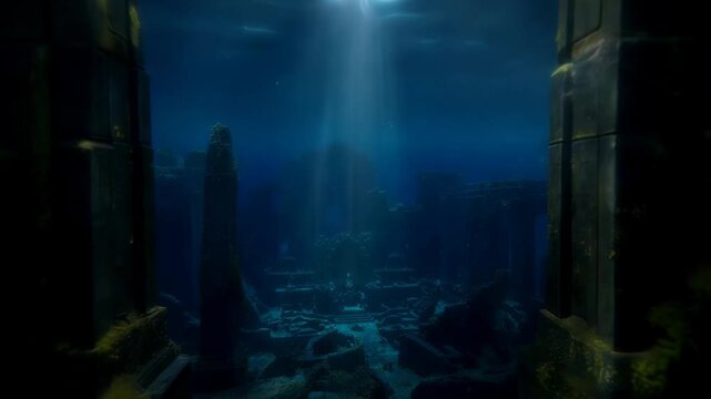 Lost City: Revealing the mysteries of an ancient, submerged city, illuminated by a celestial shaft of light that pierces through the dark ocean depths.