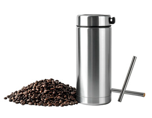 Stainless steel beverage container with coffee beans and stirring rod