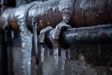 Obraz premium Close up of frozen pipes covered in ice and icicles during a winter storm, highlighting the dangers of extreme cold