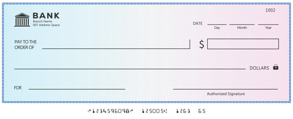 Bank check, vector blank money cheque, checkbook template with guilloche pattern and fields. Currency payment coupon, money check background
