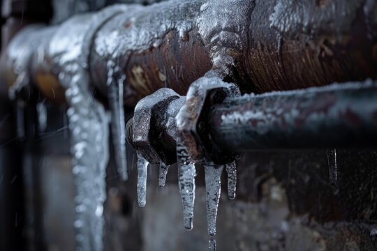 Close up of frozen pipes covered in ice and icicles during a winter storm, highlighting the dangers of extreme cold