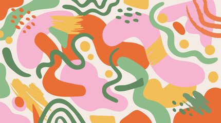 Fototapeta premium Abstract colorful contemporary art backdrop. Hand drawn different shapes, wavy lines, doodle element