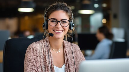 Young woman wearing glasses and headset working on computer in modern office environment with blurred background of coworkers