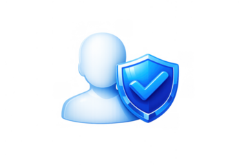 User profile icon with a blue shield and checkmark symbolizing digital identity protection, security, and verification