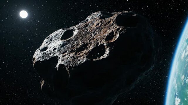 Asteroid floats near Earth in space with moon visible. Large asteroid approaches Earth showing crater surface. Space rock near Earth with asteroid craters. Meteorite threatens Earth in space.