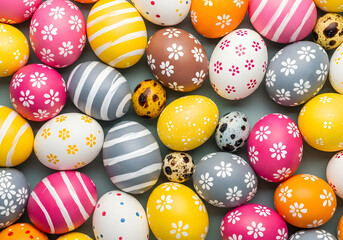 Colorful easter eggs background with floral patterns and stripes