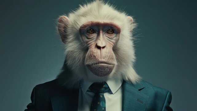 A monkey wearing a suit and tie with human-like expressions of wisdom and confidence.