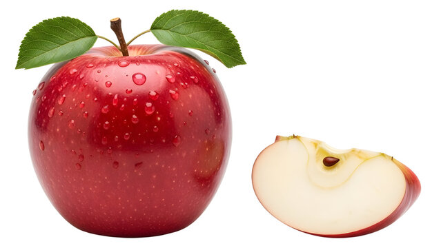 Fresh red apple with leaves and sliced apple isolated on transparent background
