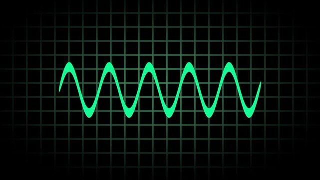 Bright green sine waves fluctuate across a dark background with a thin gray grid representing an oscilloscope or audio frequency display