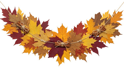 Fototapeta premium Autumn maple leaf garland with cinnamon sticks isolated on transparent background