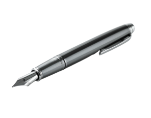 Sleek, metallic fountain pen with a fine nib, presented against a black background