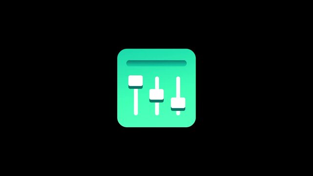 A rounded teal square icon containing three white vertical sliders represents a control panel or audio equalizer setting on a black field