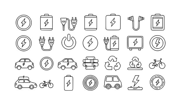 Simple Electric Power and EV Icons Line Art Vector Set Isolated on White Background