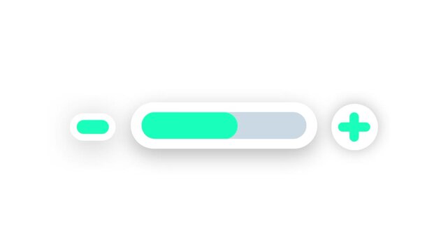 A sleek horizontal slider bar with plus and minus symbols glows with a soft teal light against a stark white background for volume control