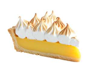 A slice of tart with bright yellow filling and fluffy, toasted meringue