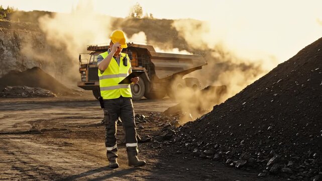 Mining engineer inspects coal pile near working dump truck at quarry. Worker checks mining operations while truck unloads coal. Engineer monitors quarry site with coal mining truck dumping material.