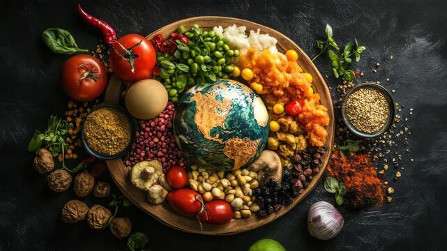 A bowl full of various spices, an apple, and onions placed on a wooden plate surrounded by fresh produce. A world map is present in the background, adding to the vibrant display.