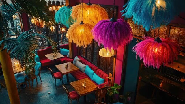 A vibrant restaurant with neon lamps and tropical decor.