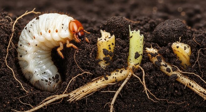 Macro Close-Up of White Grub Larva in Soil