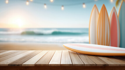 Sunny small business beach surfboard display with wooden table and colorful boards