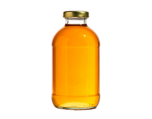 Clear glass bottle filled with amber liquid, sealed with a gold cap