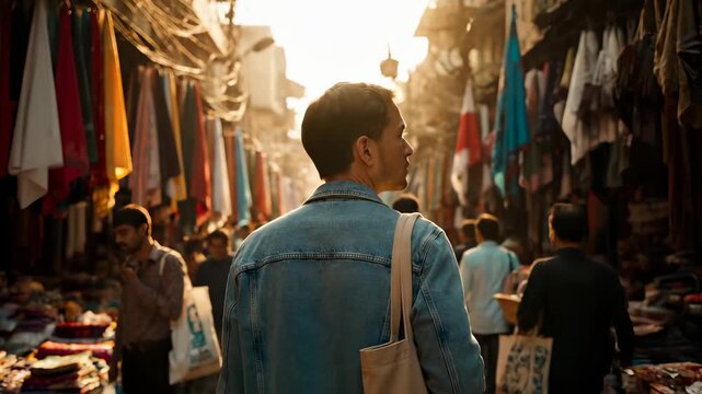 Man walks through busy market street at sunset. Tourist explores crowded marketplace with fabric stalls. Man with bag walks in bazaar during golden hour. Traveler navigates through market crowd.