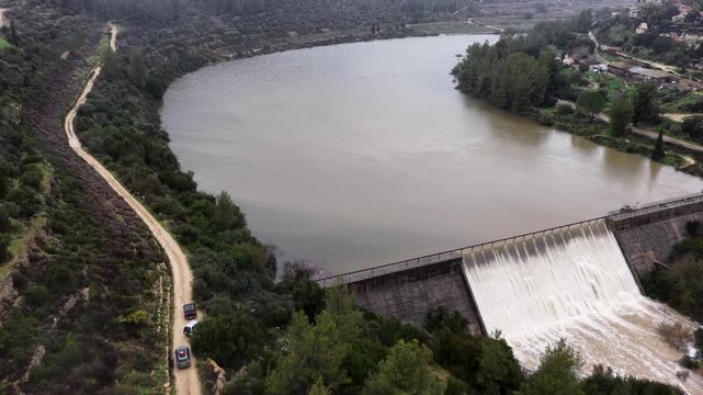 Aerial Beit Zeit dam near Jerusalem Israel reservoir

Drone footage shows Beit Zeit dam overflow near Jerusalem Israel on 20 January 2026 winter
