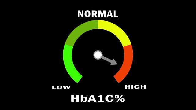 Animated HbA1C% level meter moving from high level to normal level, ideal for concepts related to diabetes management, blood sugar control, and health monitoring.. 4k,..