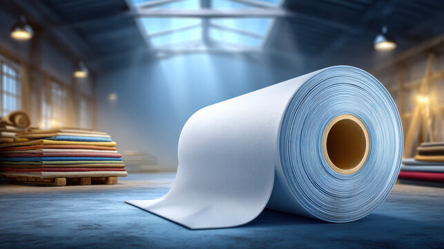 Small business roll of fabric in bright warehouse with stacked textiles and soft light