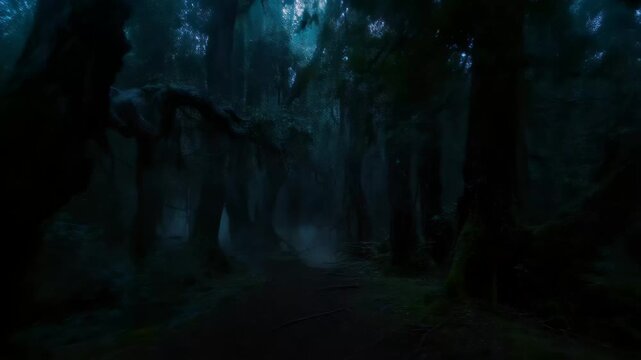 Mysterious Forest Path: A hushed pathway winds into the heart of a deep, shadowy forest, the towering trees enveloped in an atmosphere of mystery, evoking feelings of adventure and the unknown.