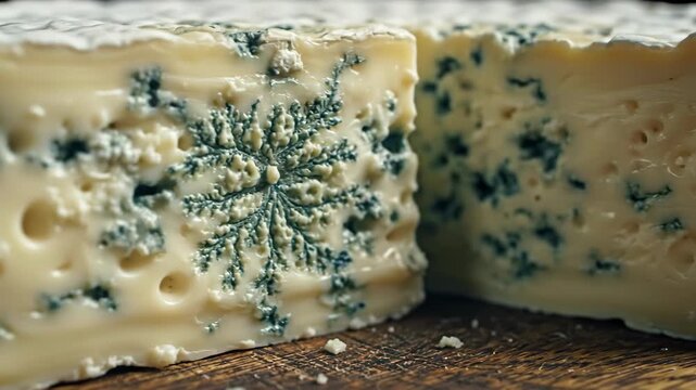 Close-up of a creamy blue cheese wedge with mold veins. Gourmet dairy product on a wooden board. Macro shot of soft ripened cheese texture