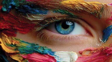 Creative macro portrait of a human eye covered with vibrant paint strokes, symbolizing art, imagination, self expression, creativity, and modern visual culture