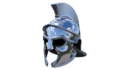 A highly detailed 3D render of a polished metallic ancient Greek or Roman warrior helmet with a prominent crest, reflecting the sky, isolated on a white background.