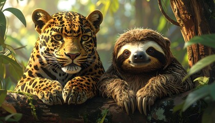 Fototapeta premium Leopard and sloth jungle friends together.