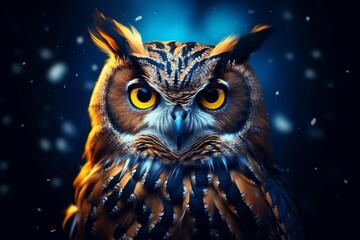 Naklejka premium Owl portrait with intense yellow eyes reflecting wisdom against a mystic dark background