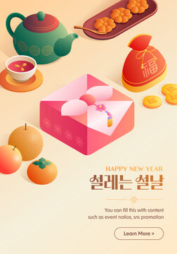 Korean New Year Seollal Celebration with Isometric Traditional Tea, Snacks, Gift Box and Lucky Money Pouch (Translation: Lunar new year, good fortune)