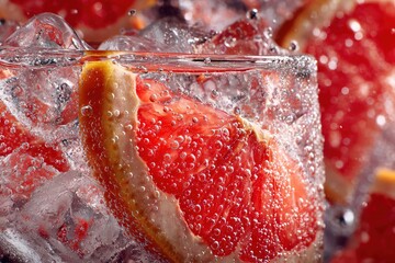 Refreshing beverage with ice and citrus slices in a clear glass, bubbles rising in sparkling water against a blurred blue background with droplets